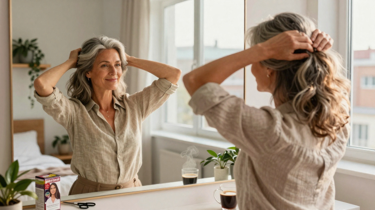 Mulher madura a arranjar o cabelo diante de espelho num quarto iluminado e acolhedor.