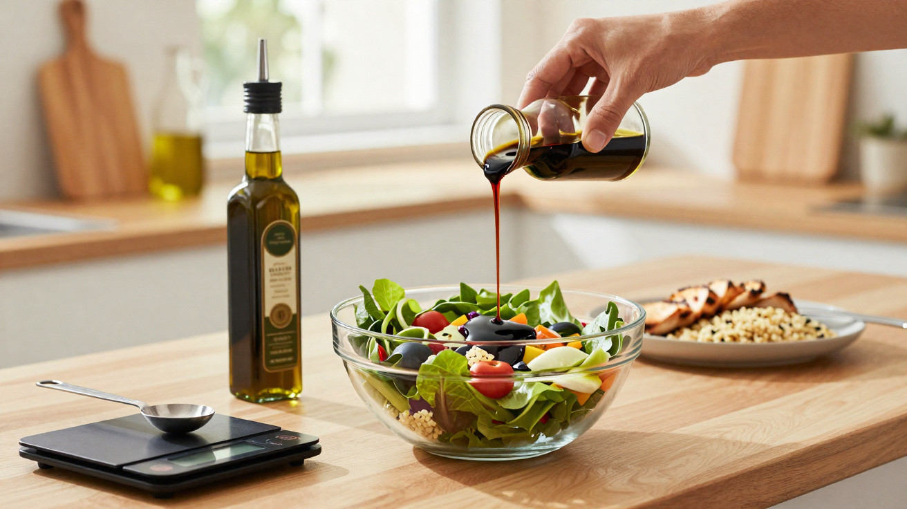 Mão a verter molho balsâmico numa saladeira com legumes variados numa cozinha iluminada.