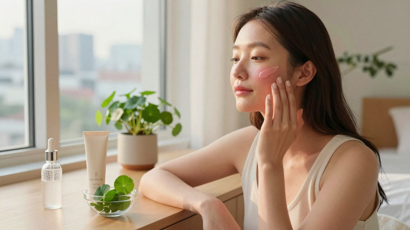 Mulher aplica creme facial junto a janela, com frascos de cosméticos e planta numa mesa de madeira.