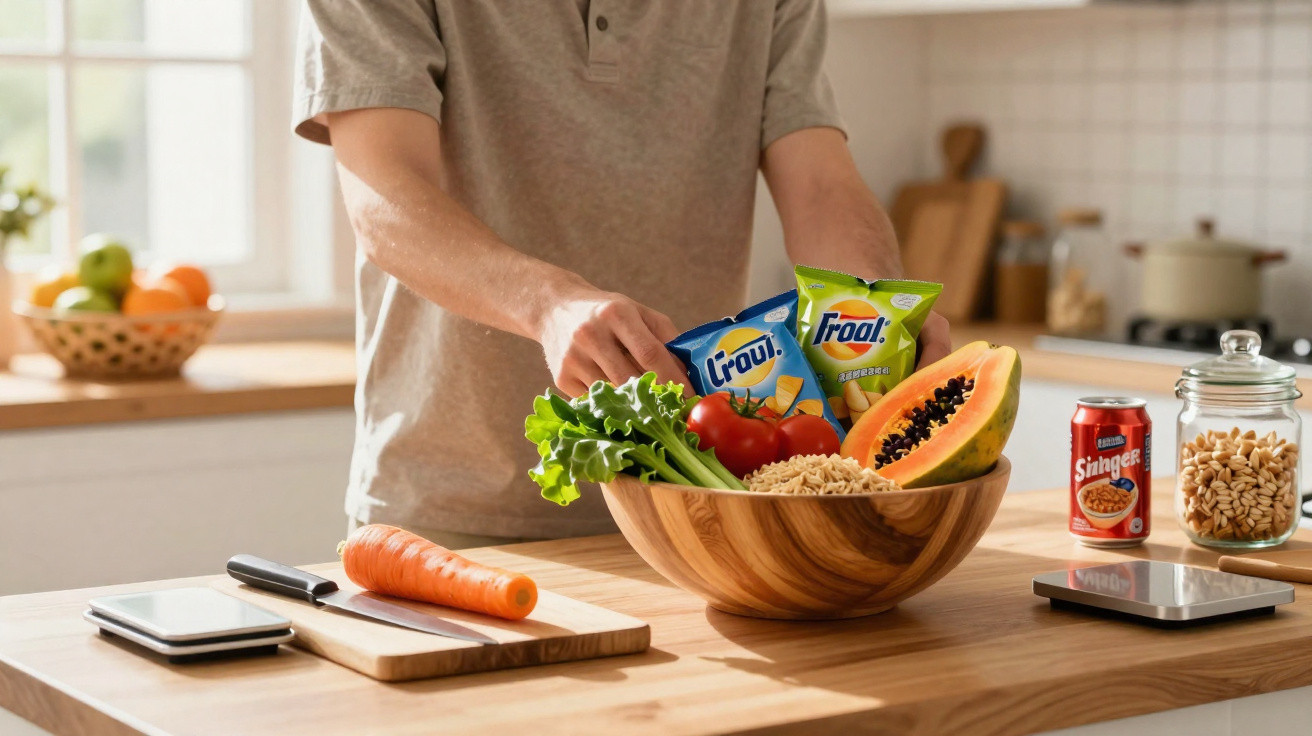 Pessoa a segurar taça com legumes, frutas e snacks numa cozinha iluminada, com balança digital na bancada.