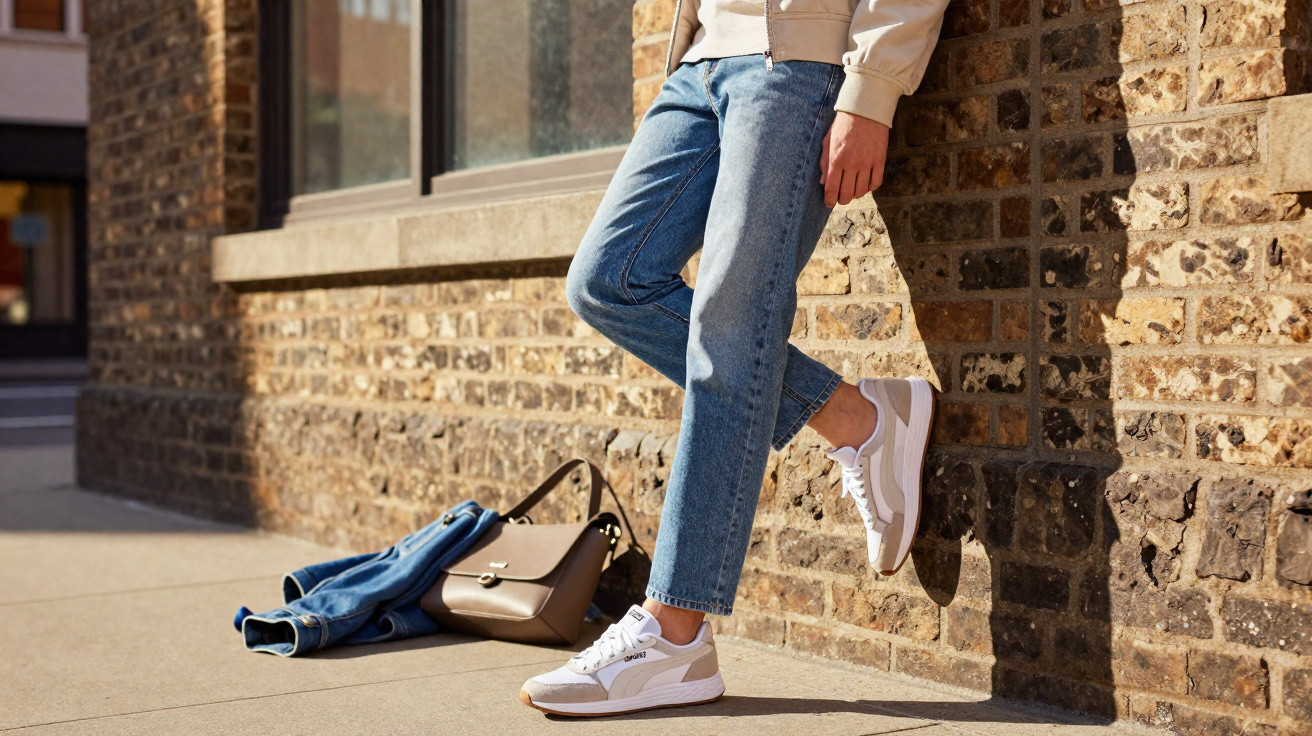 Pessoa encostada numa parede de tijolos com jeans, ténis brancos e mochila de ganga no chão.