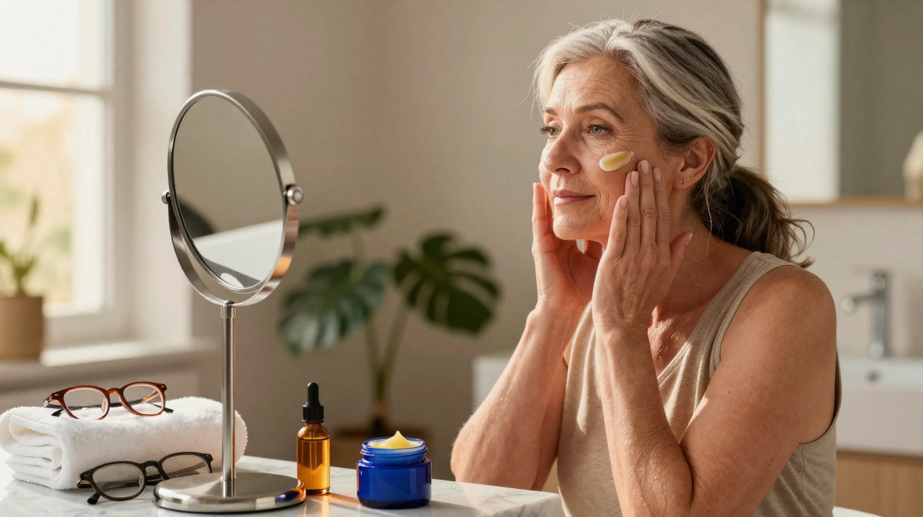 Mulher sénior a aplicar creme hidratante no rosto sentada junto a uma janela com produtos de beleza na mesa.