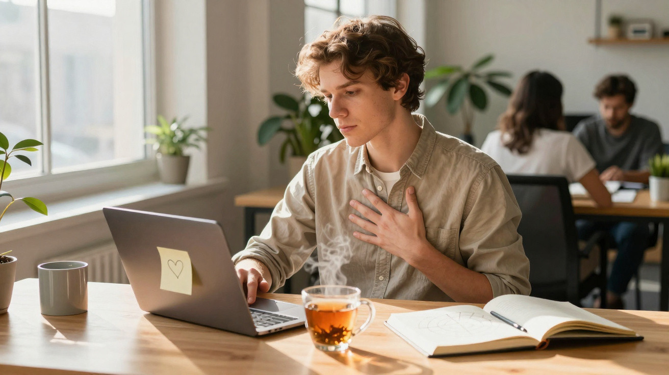 Jovem sentado à secretária com computador portátil, caderno aberto e chá quente num ambiente de escritório.