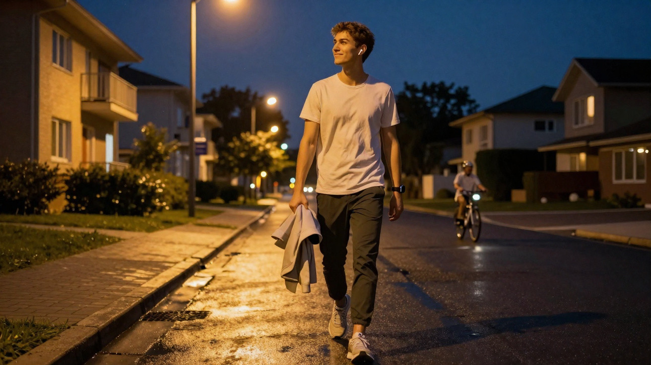 Jovem a caminhar à noite numa rua residencial, segurando um casaco e com o céu estrelado ao fundo.