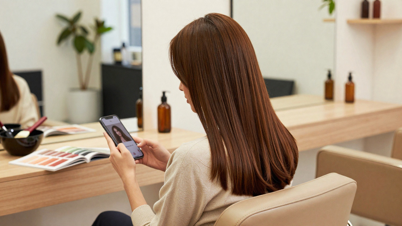 Mulher com cabelo liso castanho sentada numa cadeira, a olhar para o telemóvel num salão de beleza moderno.