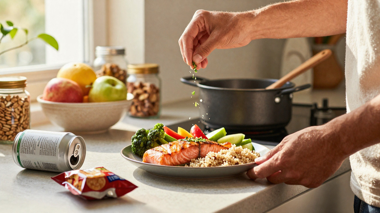 Pessoa a temperar um prato com salmão grelhado, legumes e quinoa numa cozinha moderna.