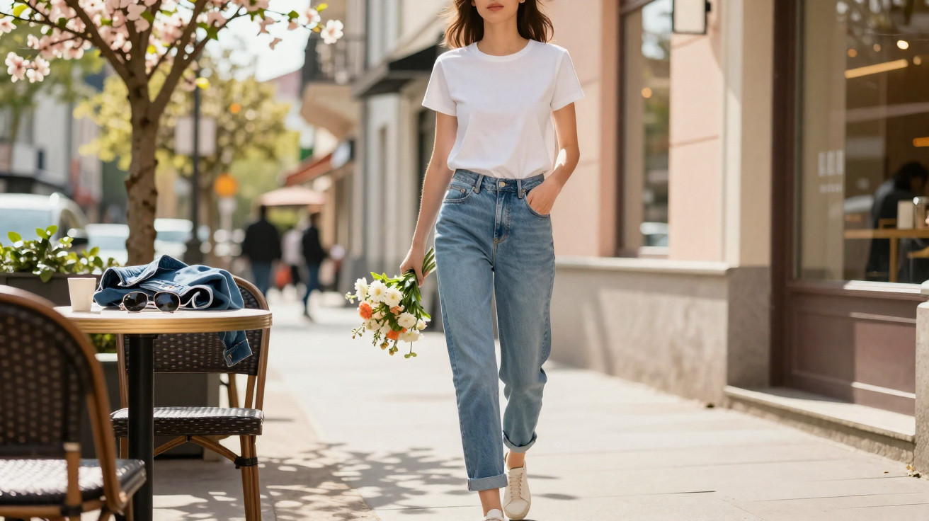 Mulher jovem de camisa branca e jeans azuis a caminhar com ramo de flores numa rua urbana ensolarada.