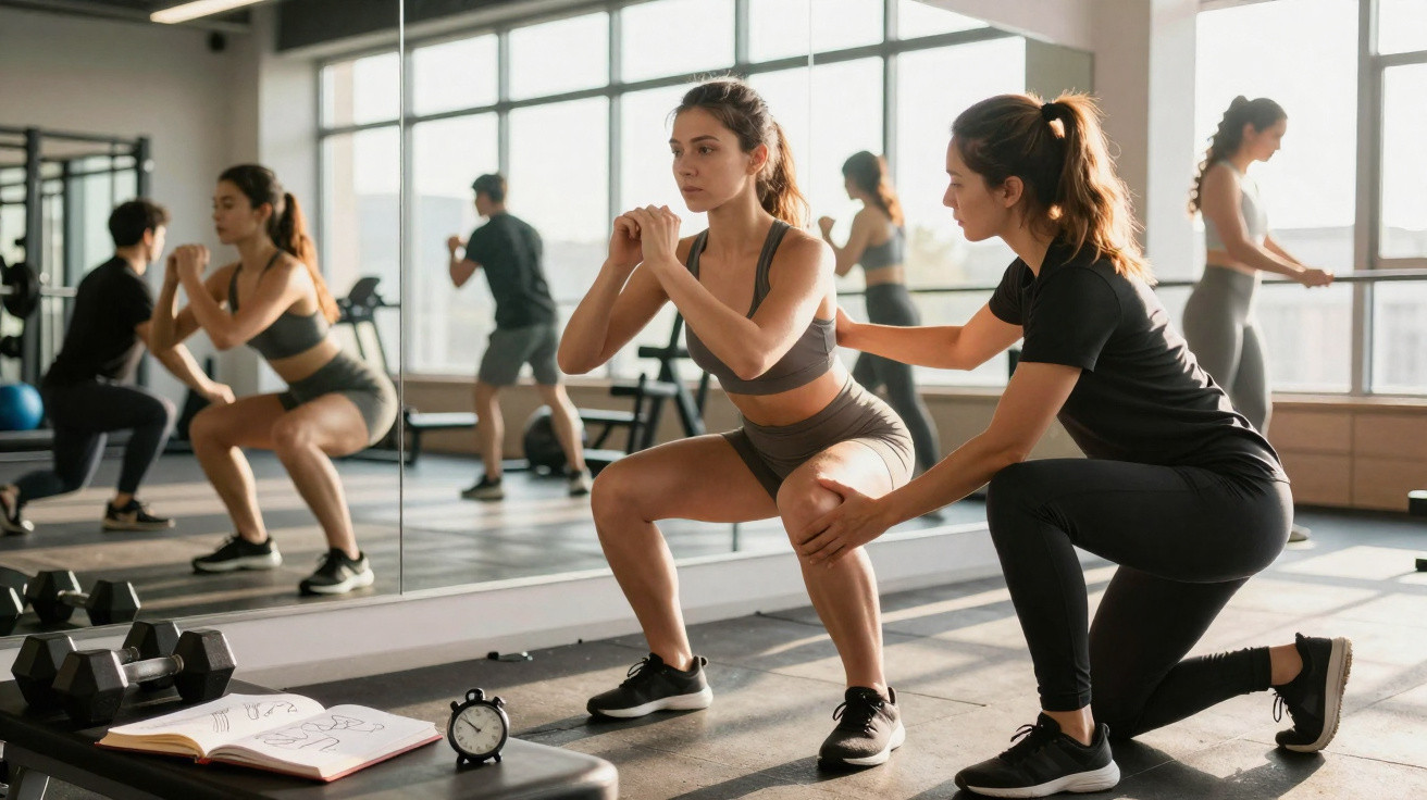 Instrutora ajuda mulher a fazer agachamento num ginásio com mais pessoas e equipamento de treino ao fundo.