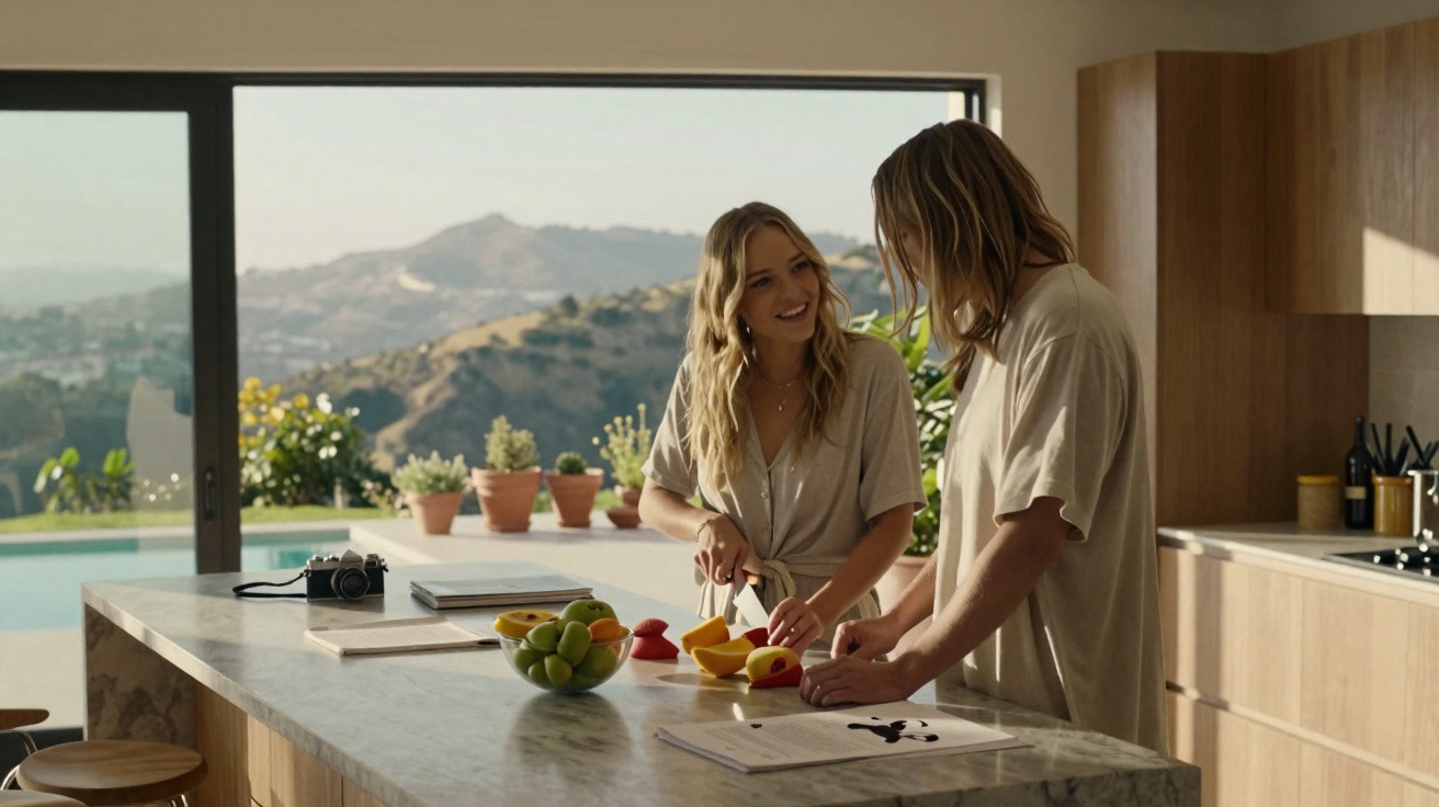 Casal jovem a preparar fruta numa cozinha moderna com vista para a piscina e montanhas ao fundo.