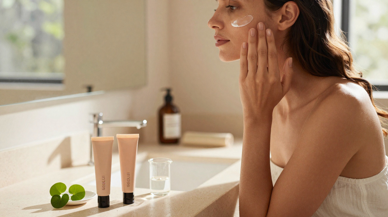 Mulher aplica creme hidratante facial num lavatório com espelho e plantas ao fundo.