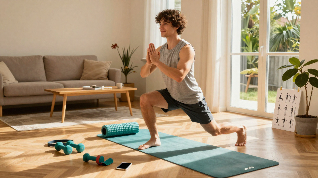 Jovem a fazer exercício de alongamento na sala de estar com tapete de yoga e equipamentos de fitness.