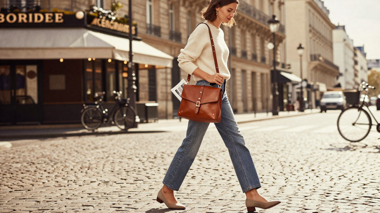 Mulher com camisola creme e jeans azul caminhando numa rua de calçada com mala castanha e telemóvel.