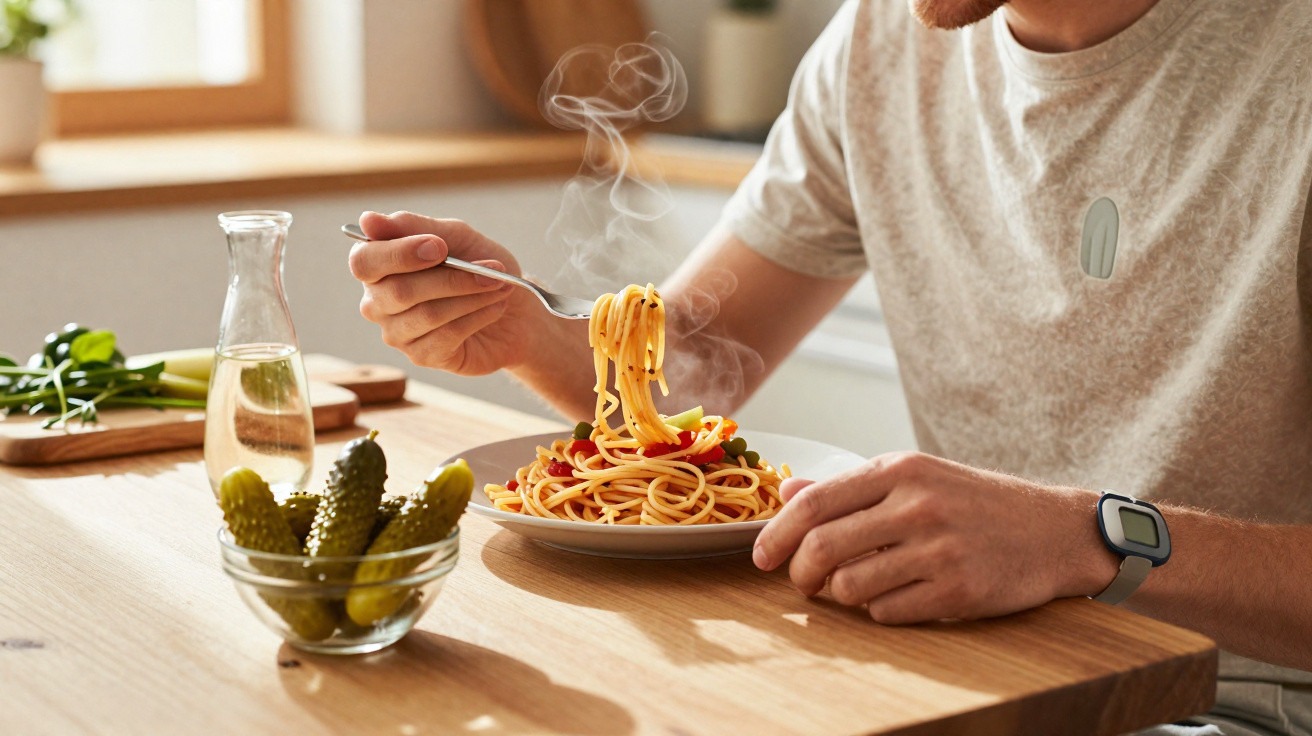 Homem a comer esparguete quente com molho de tomate numa mesa com pepinos em conserva e jarra de água.