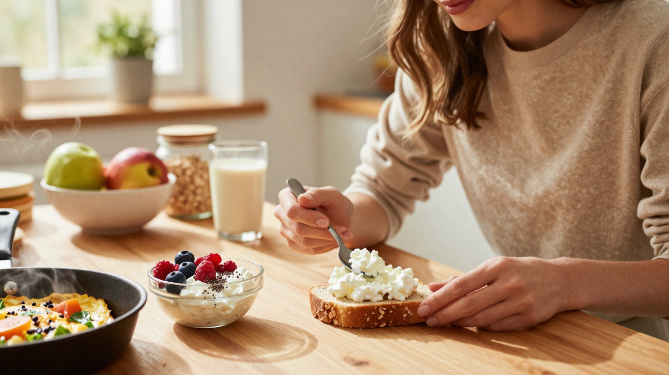 Mulher a sorrir enquanto come torrada com queijo fresco à mesa com fruta, iogurte e salada.