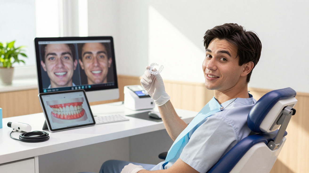 Dentista a mostrar aparelho dentário transparente a paciente numa clínica moderna.