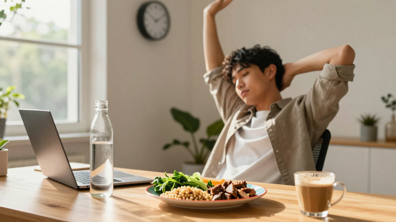 Homem jovem a relaxar na cadeira junto a computador e prato com comida saudável numa mesa iluminada.