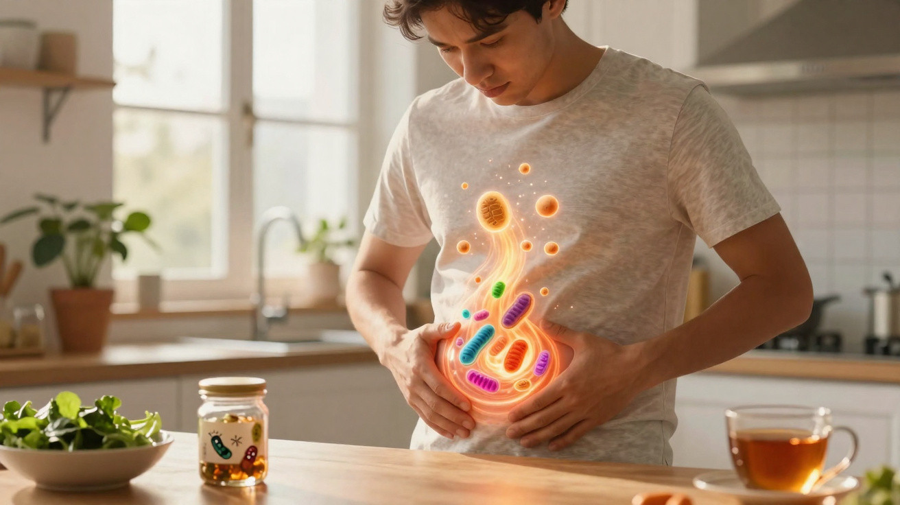 Homem na cozinha segurando o abdómen com ilustração digital de bactérias intestinais coloridas.