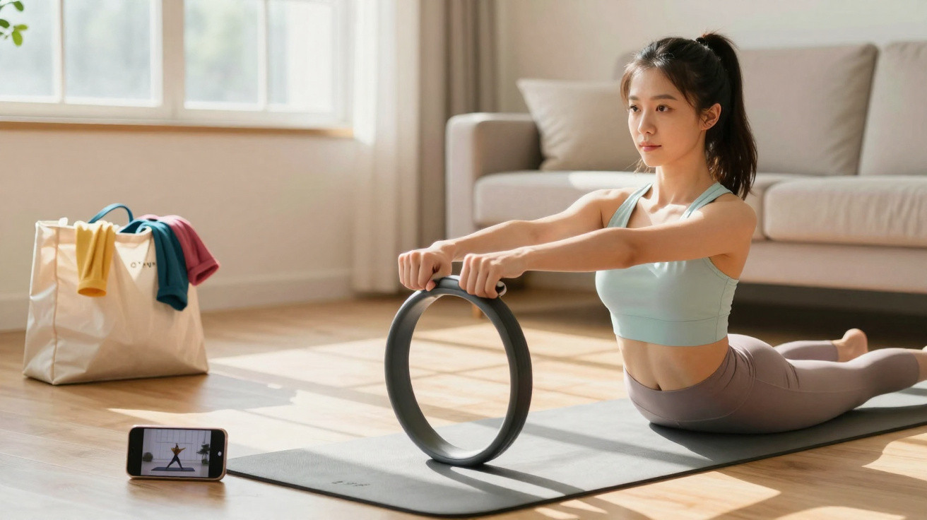 Mulher a fazer exercício com anel de Pilates numa sala iluminada, seguindo aula no telemóvel.