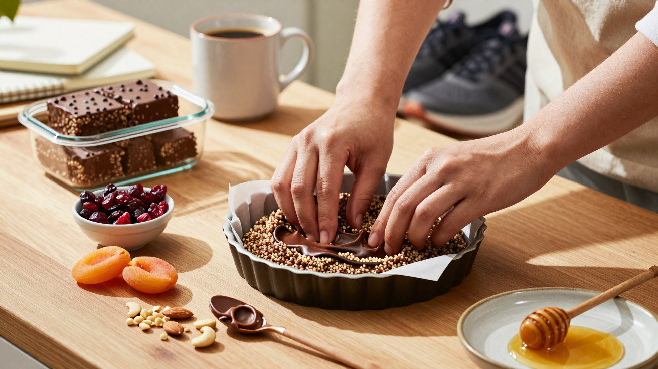 Mãos a preparar sobremesa de chocolate com sementes numa taça, rodeada por frutos secos e chávena de café.