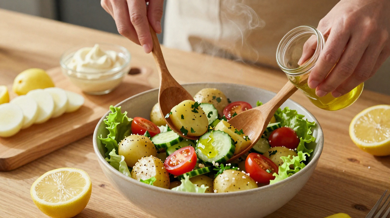 Salada de batatas, alface, tomate cherry e pepino em tigela com limão, maionese e azeite ao lado.