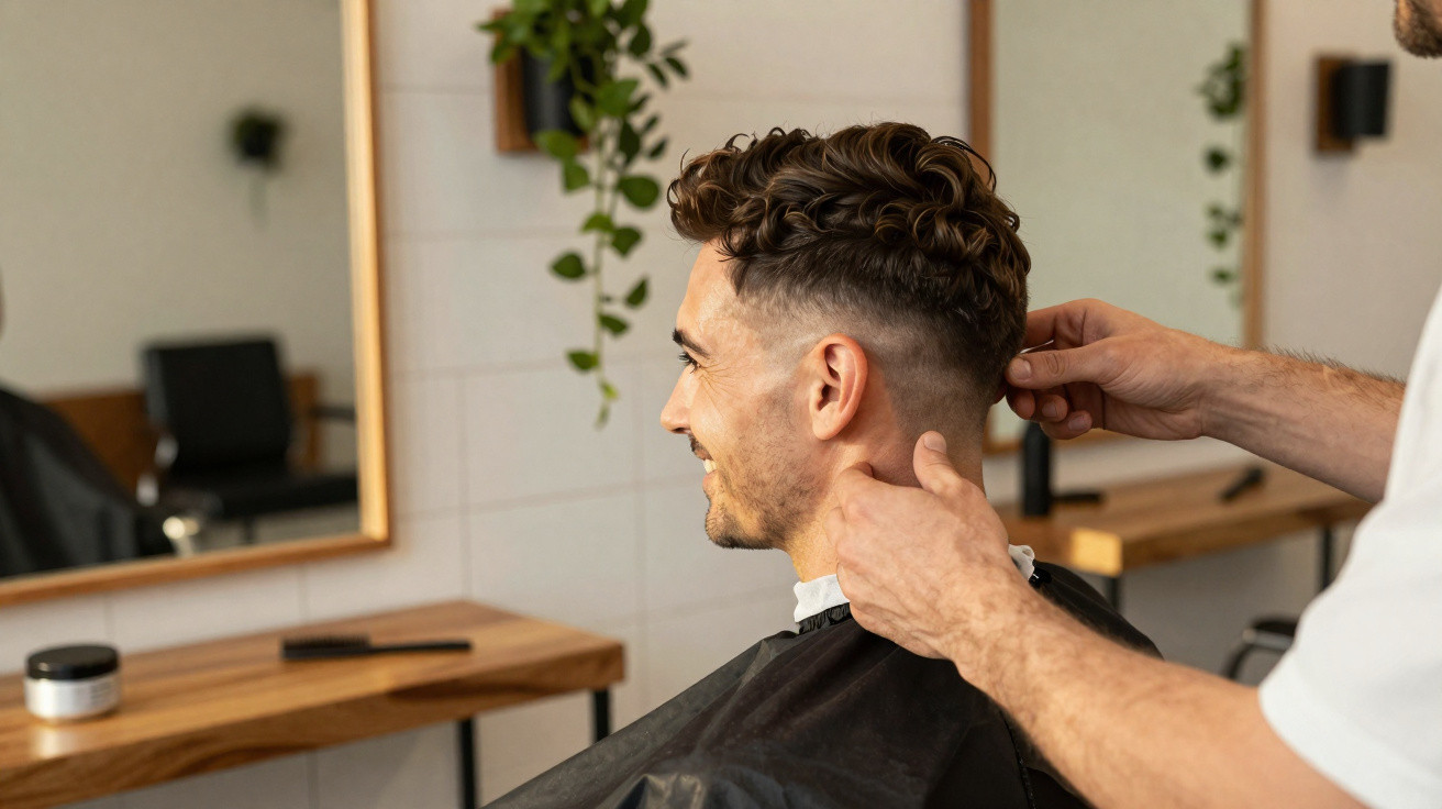 Homem sorridente a receber corte de cabelo numa barbearia moderna com espelho à frente.
