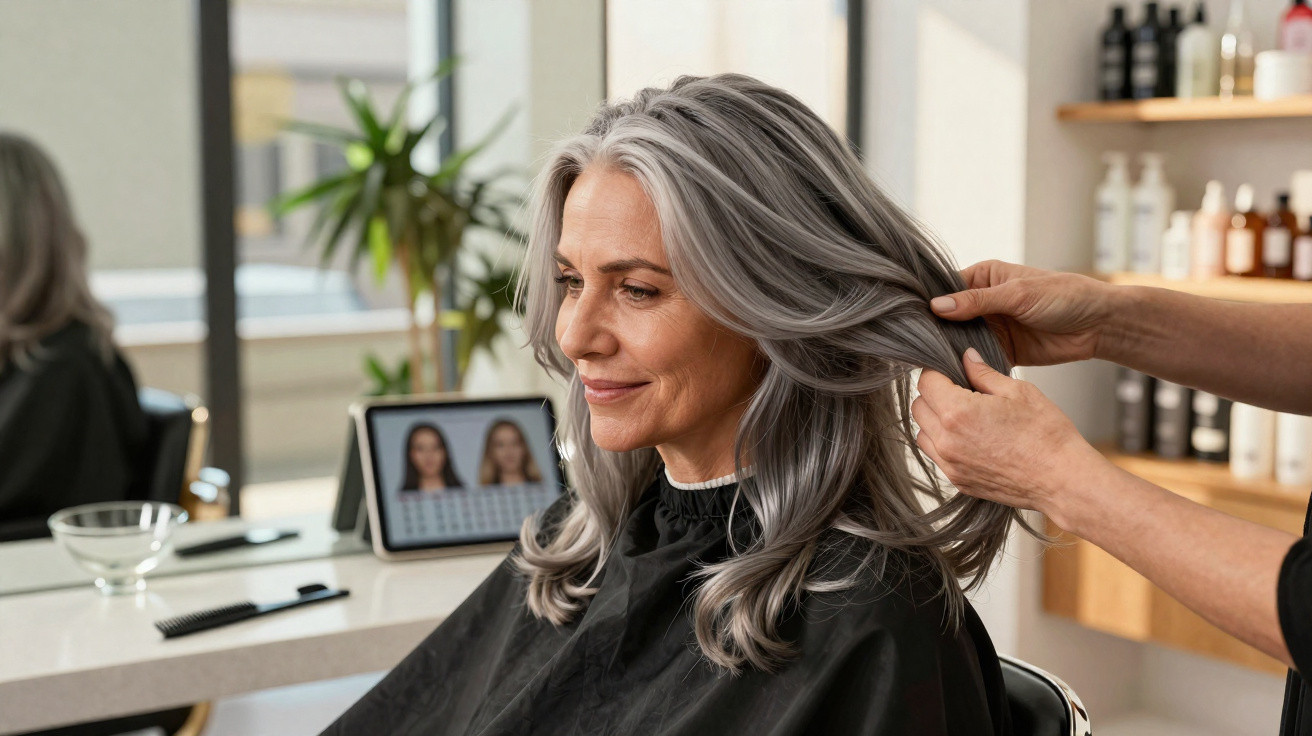 Mulher idosa com cabelo grisalho sendo atendida num salão de cabeleireiro, olhando ao espelho e sorrindo.