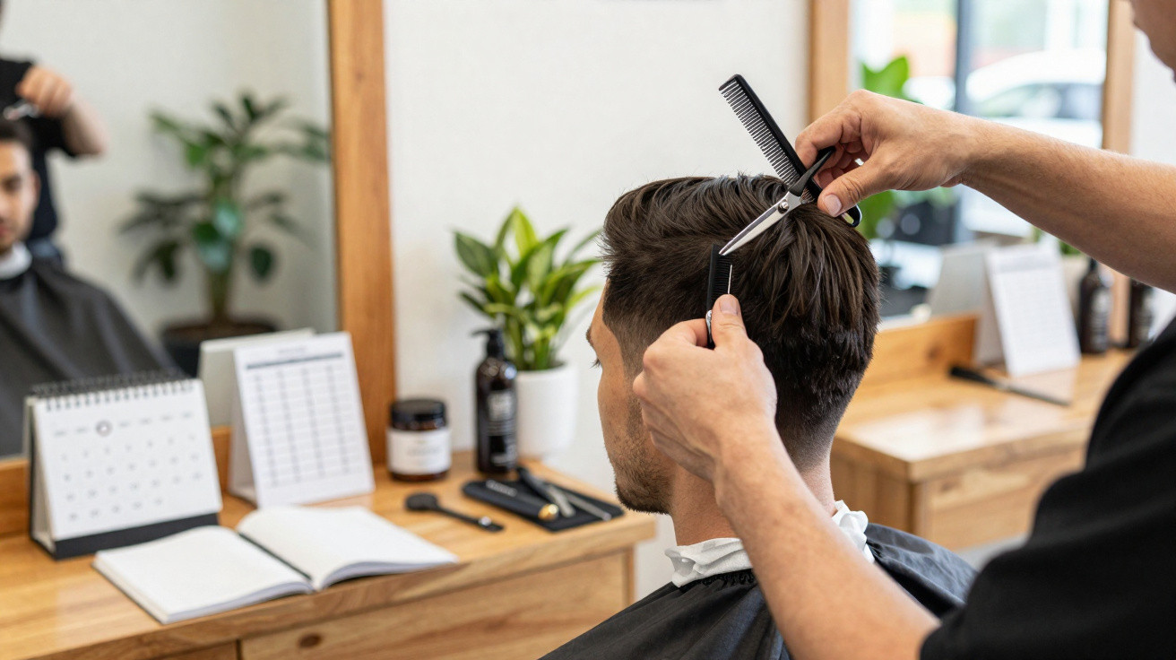 Barbeiro a cortar o cabelo de um cliente num salão com espelho e plantas ao fundo.
