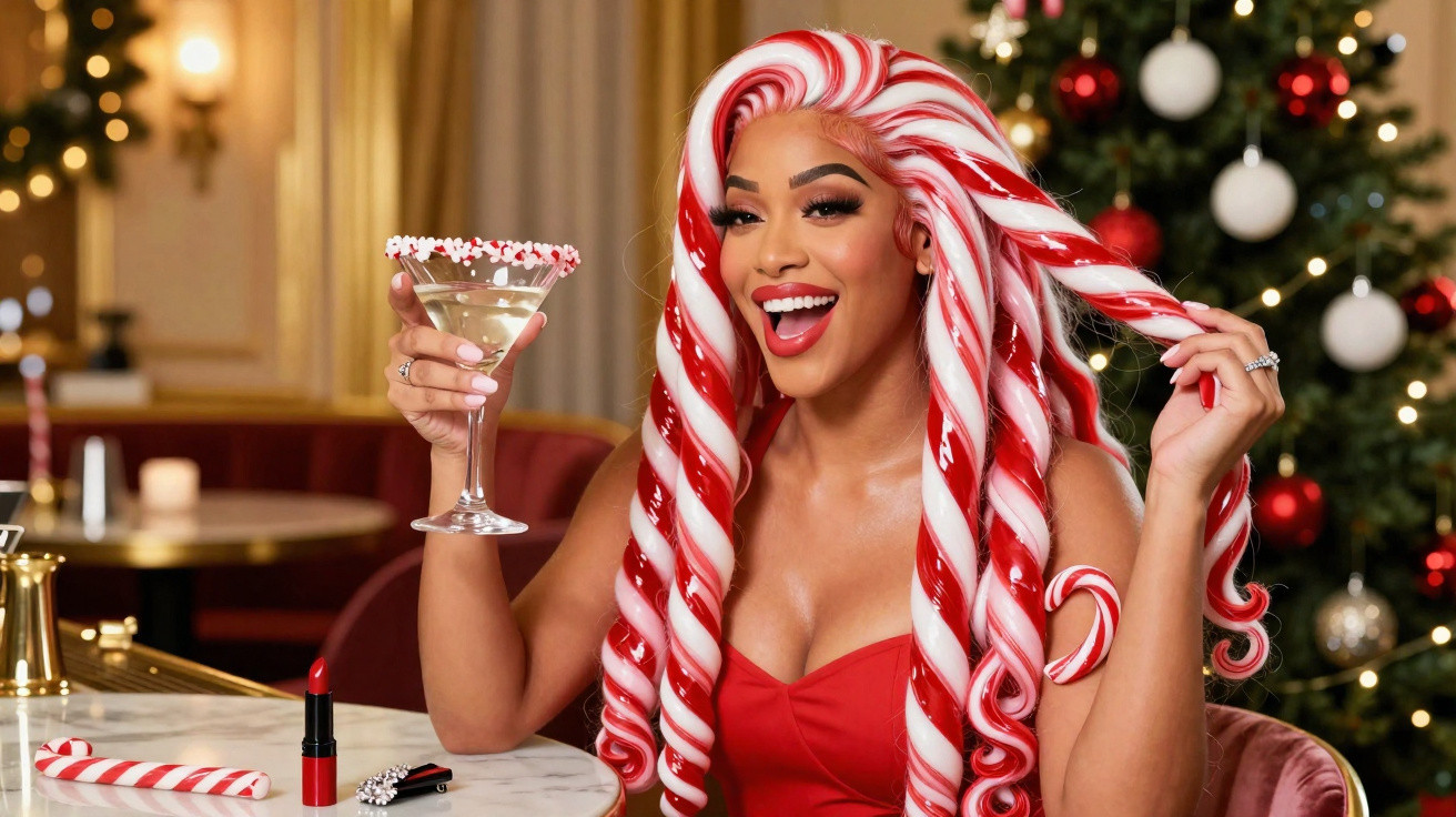 Mulher sorridente com cabelo de vermelho e branco em espiral, segurando cocktail natalício num bar decorado.