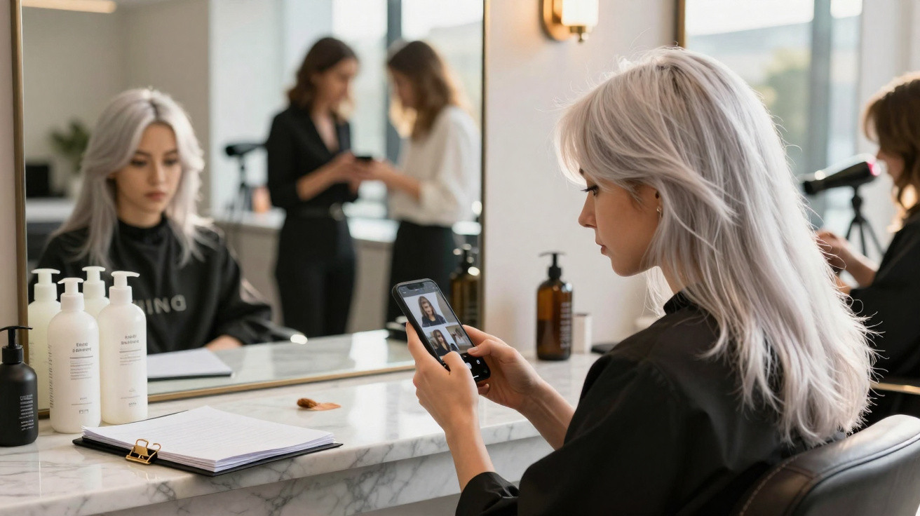 Mulher com cabelo cinza usa telemóvel sentada no salão de cabeleireiro em frente a espelho com profissionais ao fundo.