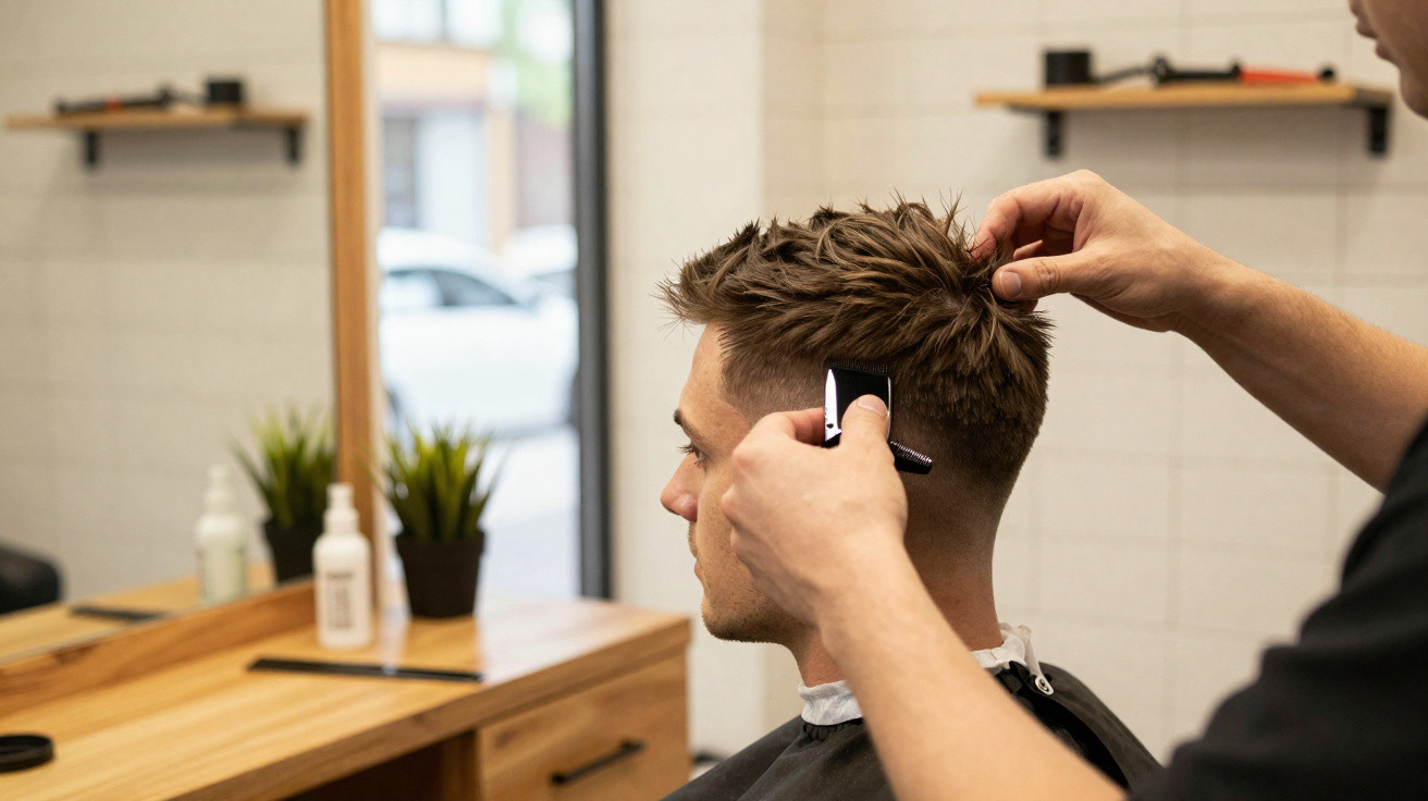 Homem a cortar o cabelo num salão de cabeleireiro, com atenção ao detalhe no corte.