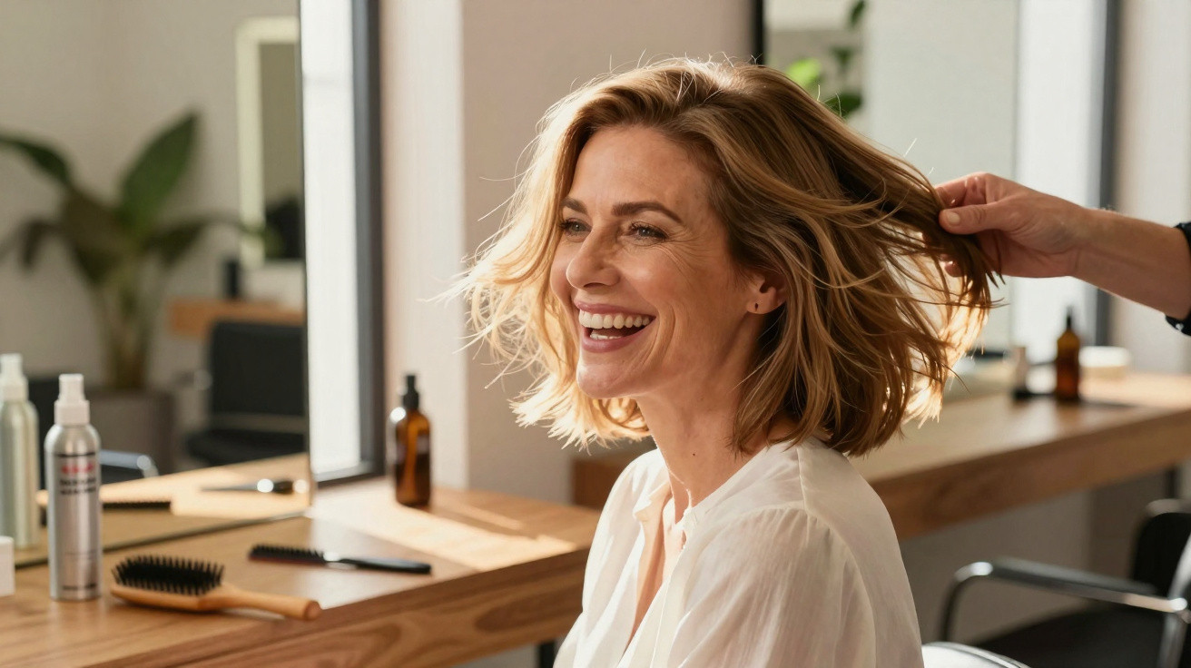 Mulher sorridente a receber penteado num cabeleireiro com luz natural e produtos visíveis à frente.