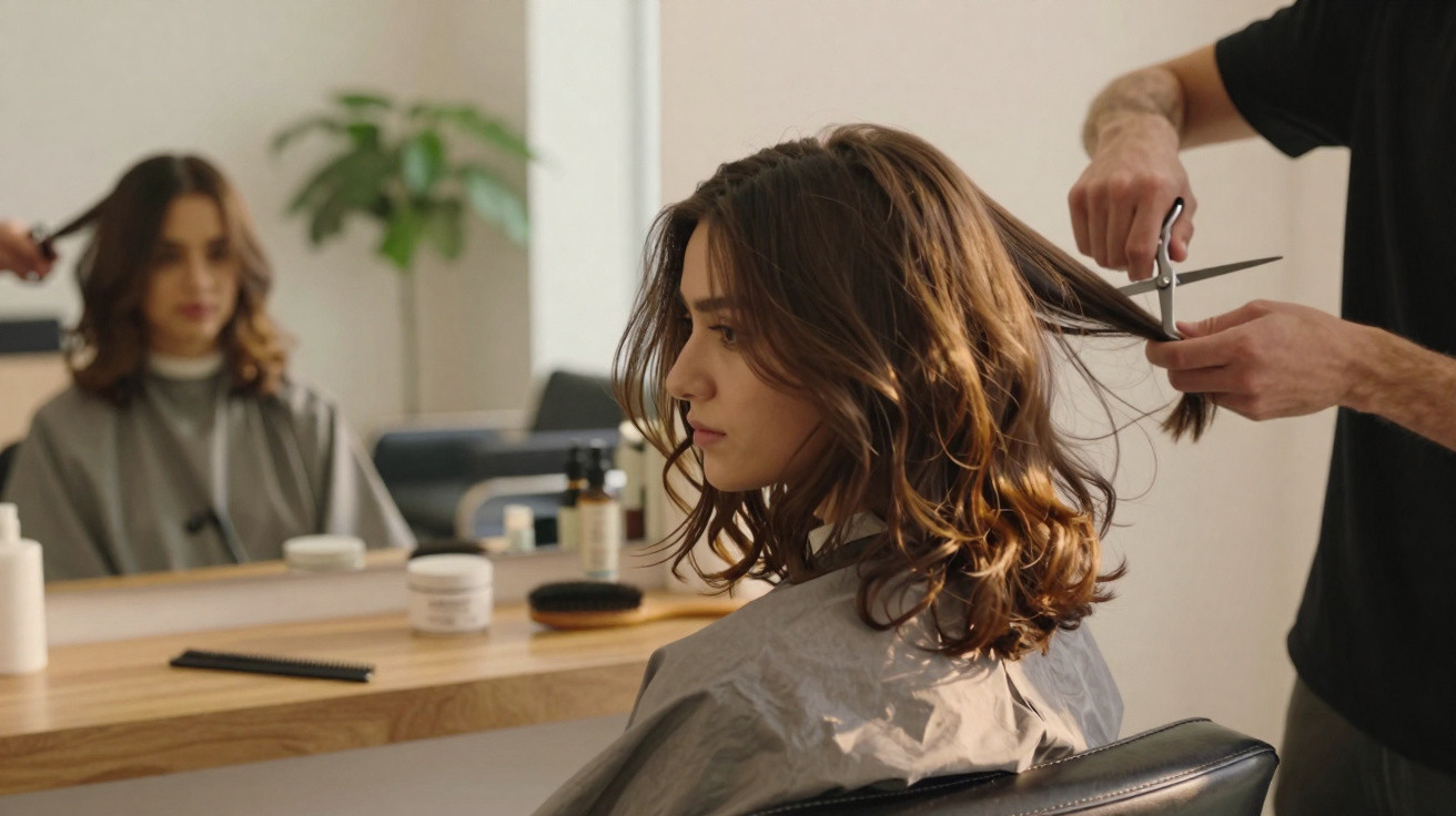 Mulher sentada num salão a cortar cabelo castanho com cabeleireiro em fundo desfocado.