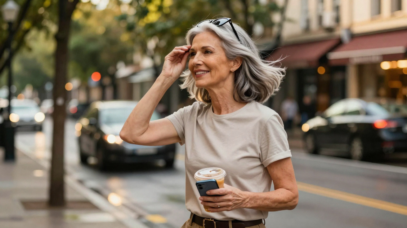 Mulher sorridente de cabelo grisalho a tirar os óculos de sol, segurando café gelado numa rua urbana.