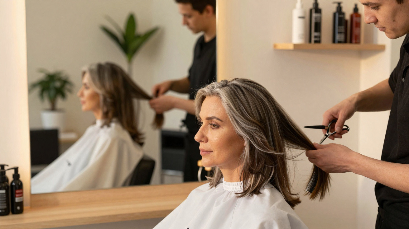 Mulher de cabelo castanho acinzentado a ser penteada por cabeleireira num salão moderno e luminoso.