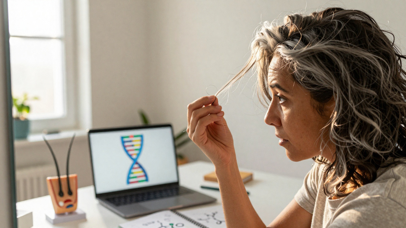 Mulher com cabelos grisalhos a olhar para o espelho, ao lado de computador com imagem de DNA.