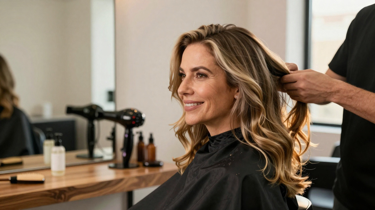 Mulher sorridente a receber penteado num salão de cabeleireiro, com produtos e secador ao fundo.