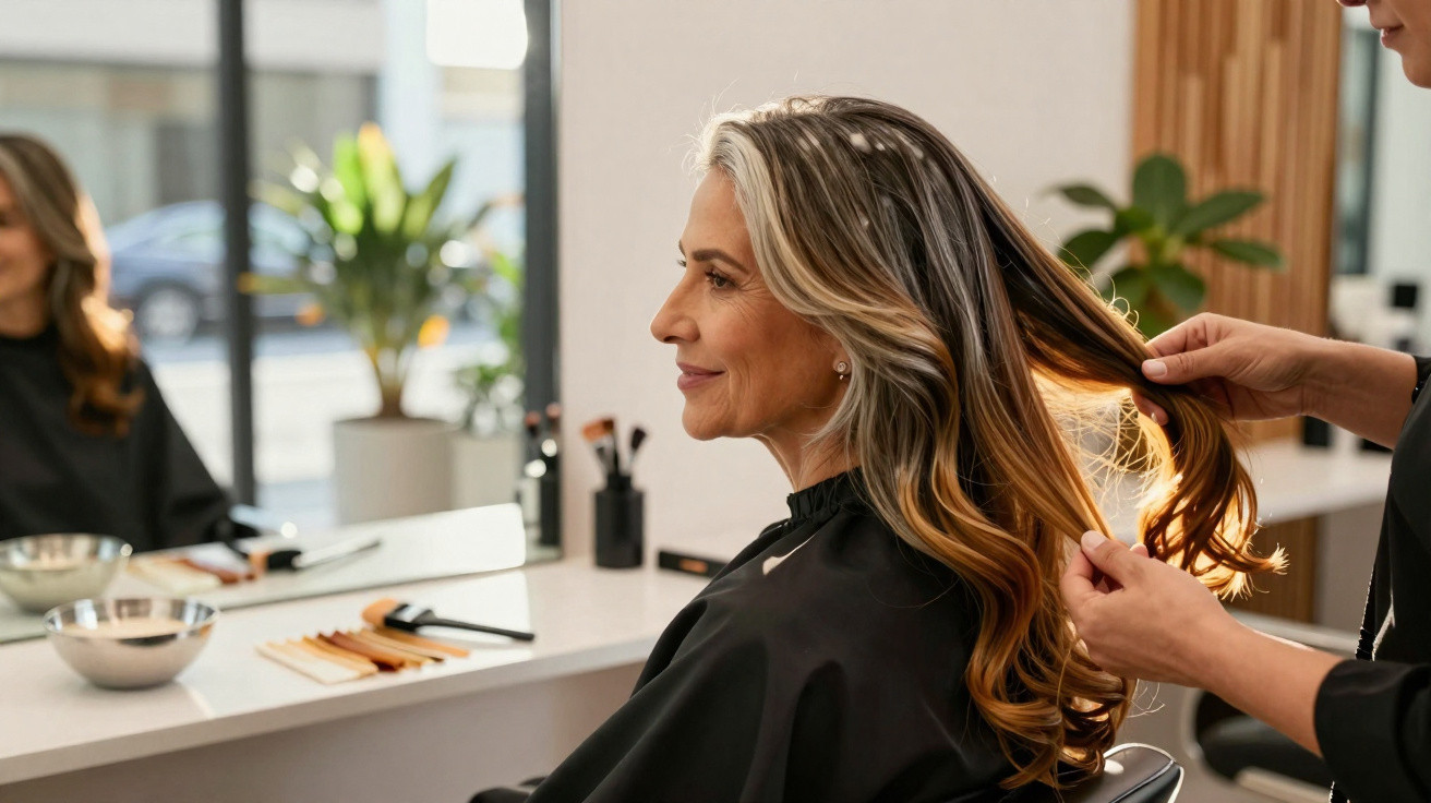 Mulher a sorrir enquanto cabeleireiro segura o cabelo num salão de beleza iluminado.