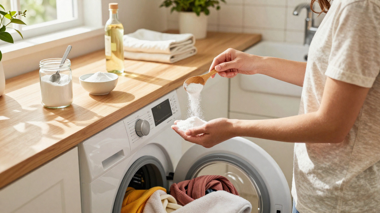Pessoa a colocar detergente caseiro em pó na palma da mão para lavar roupa numa máquina de lavar branca.