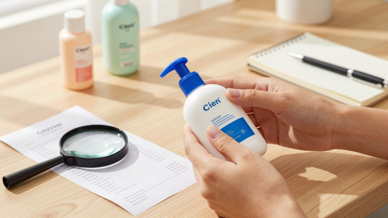 Mãos seguram creme hidratante Cien com lupa, papéis e bloco de notas numa mesa de madeira clara.