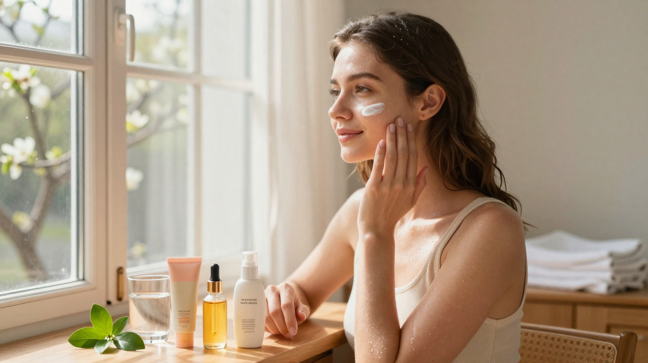 Mulher a aplicar creme facial junto a janela com produtos de pele numa mesa de madeira.