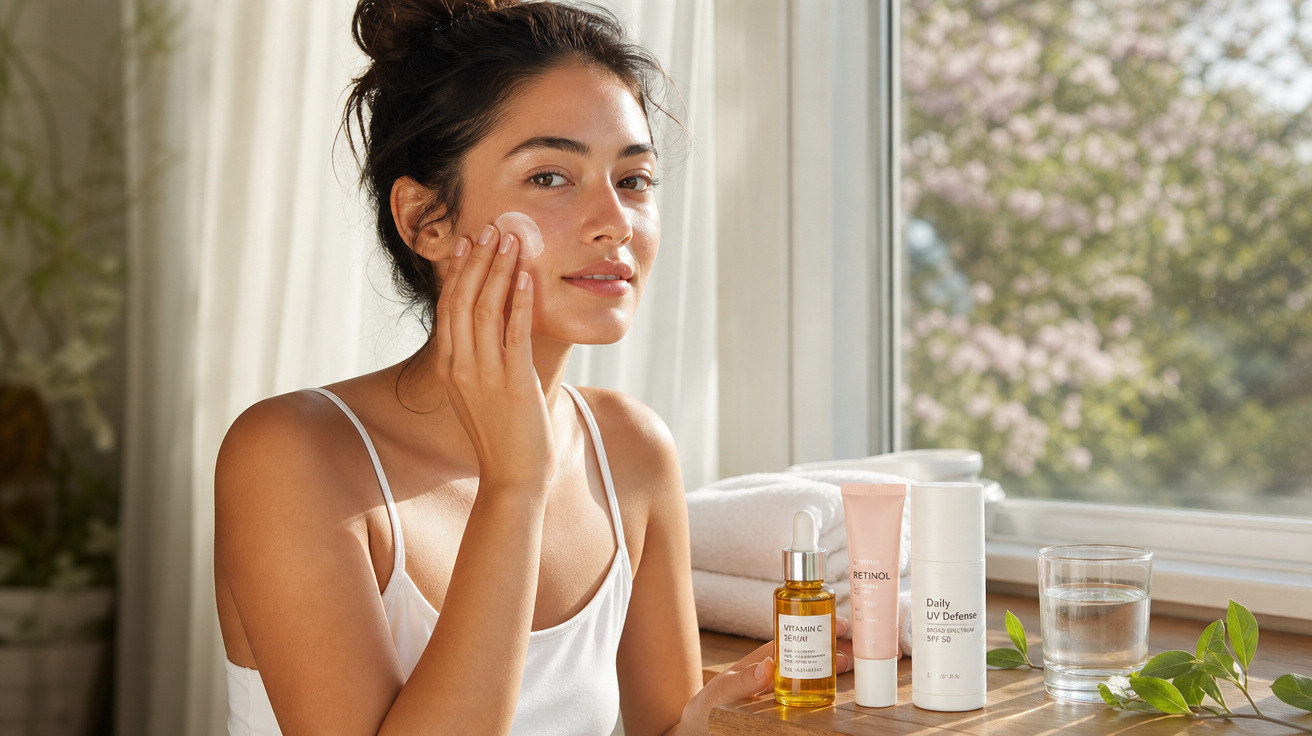 Mulher a aplicar creme no rosto sentada junto a janela com produtos de cuidados de pele numa mesa.