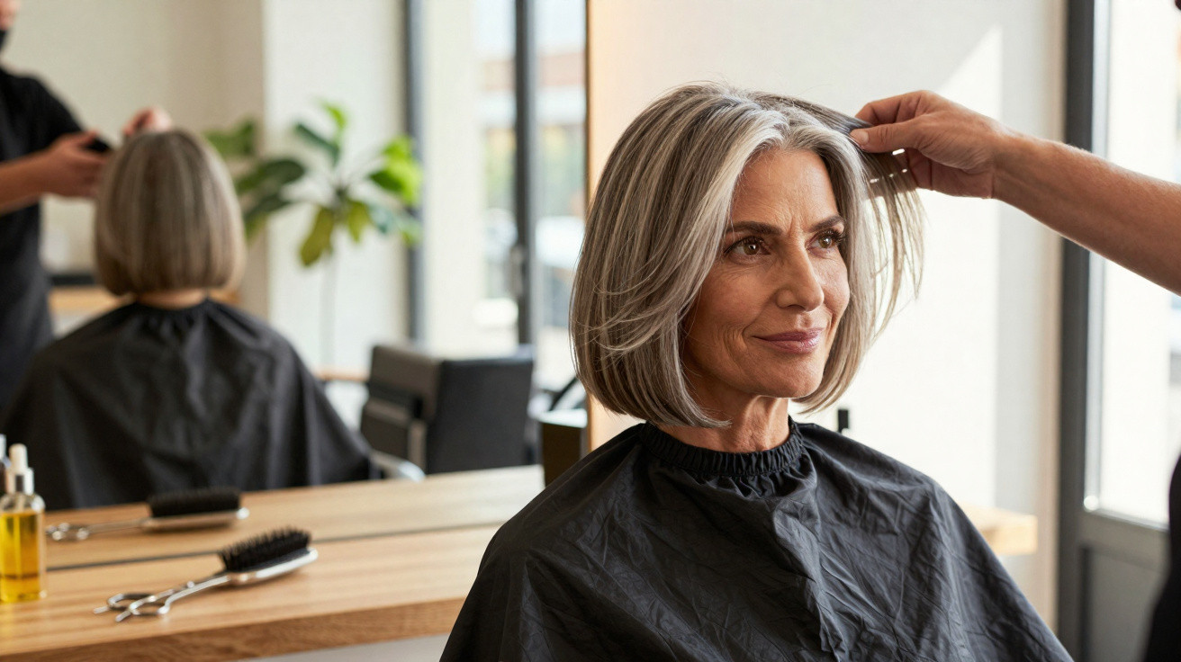 Mulher sorridente sentada no cabeleireiro a receber tratamento de cabelo, com capa preta e mãos do cabeleireiro.