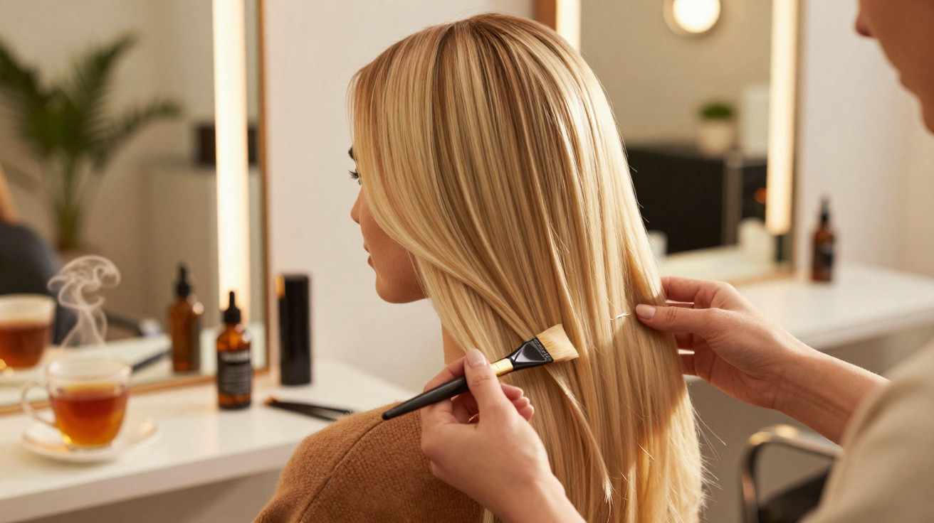 Mulher loira num salão de beleza a receber tratamento capilar com pincel nas pontas do cabelo.