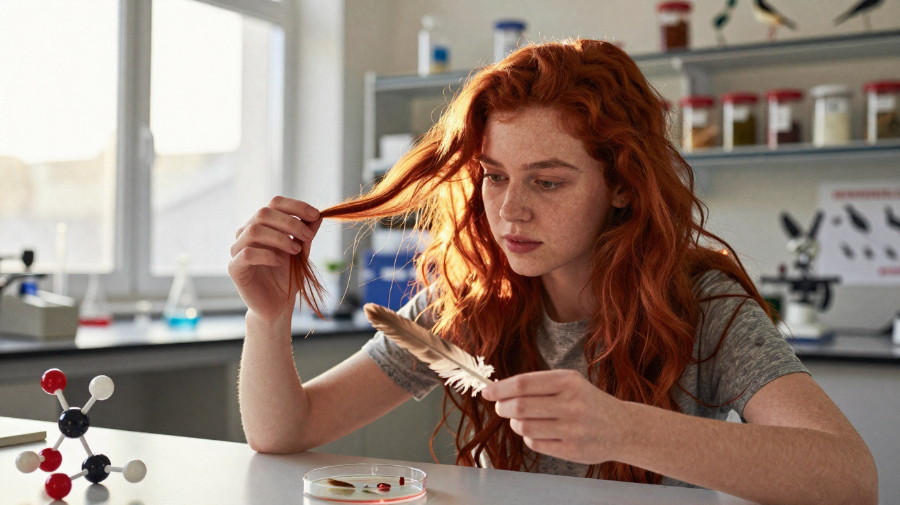 Mulher ruiva a analisar uma pena com expressão pensativa num laboratório científico.