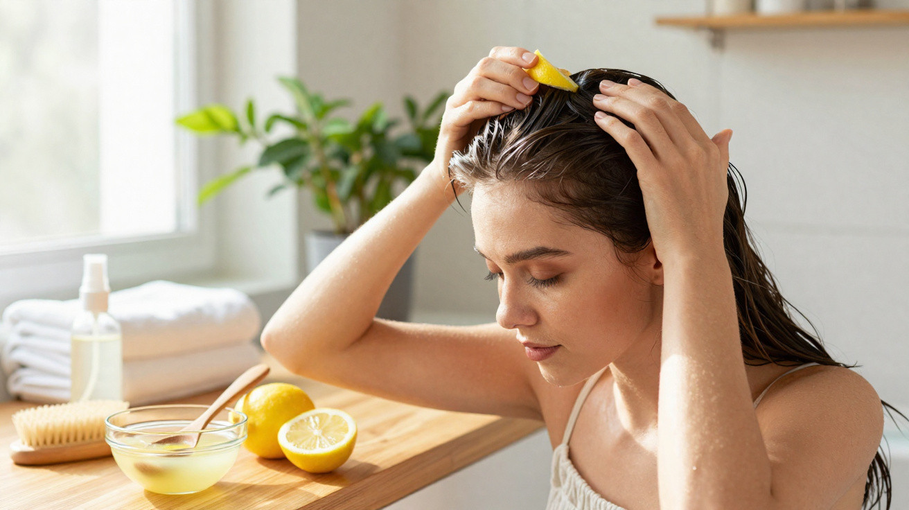 Mulher aplicando máscara caseira de cuidado capilar com limão e ingredientes naturais em casa.