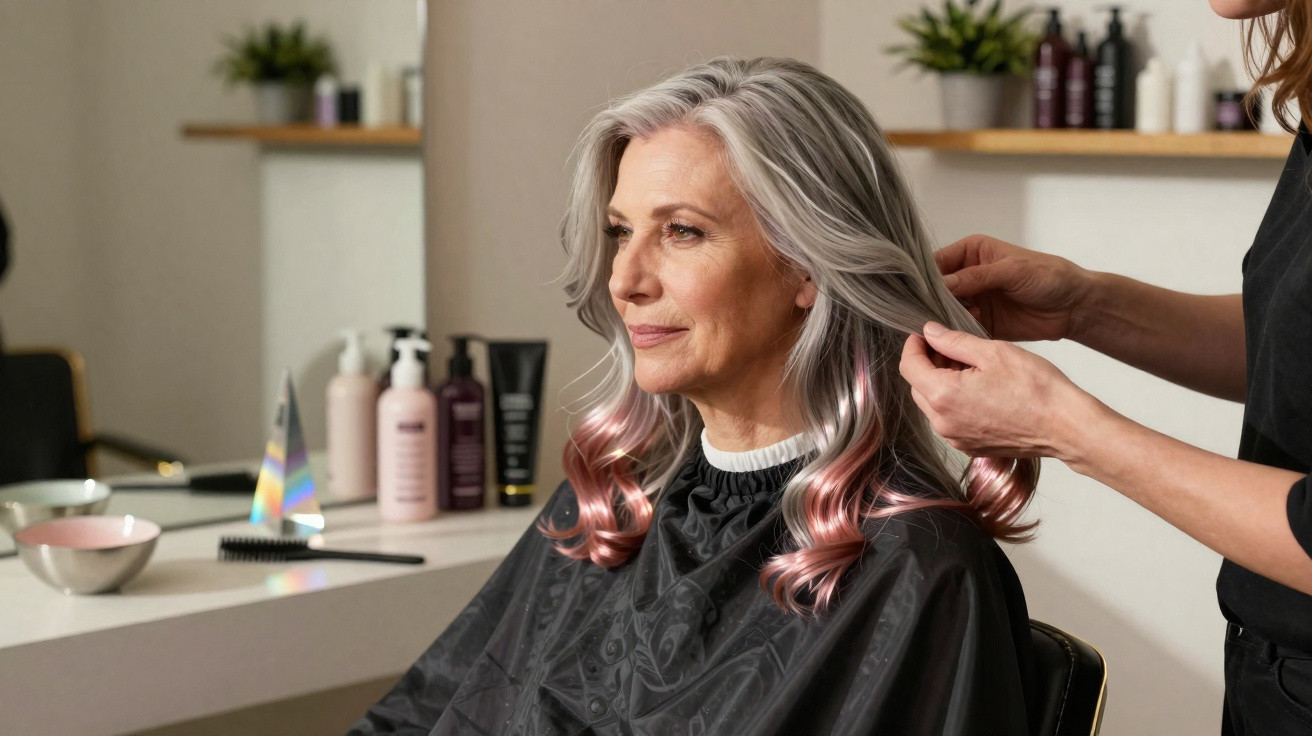 Mulher sénior com cabelo grisalho e mechas rosa num cabeleireiro a ser penteada.