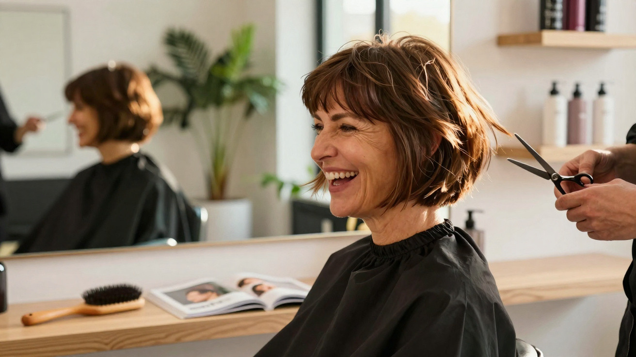 Mulher sorridente a receber corte de cabelo num salão moderno com espelho e produtos ao fundo.