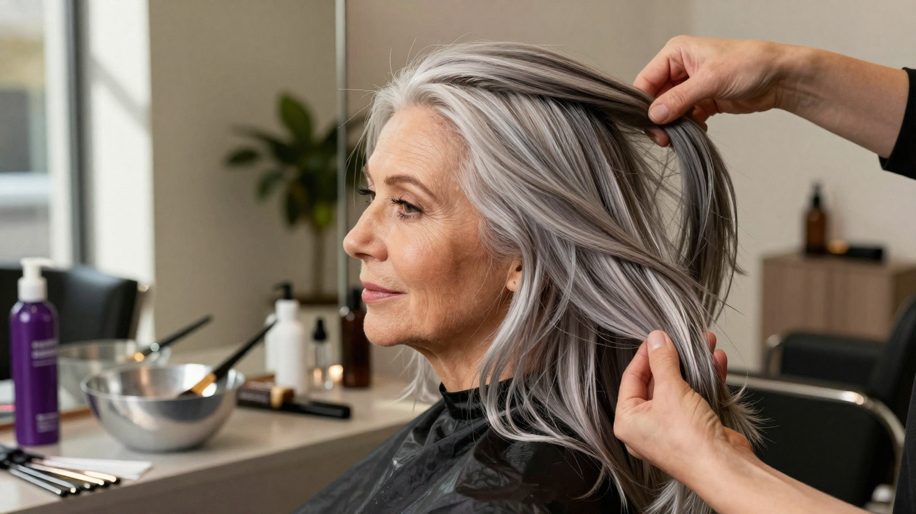 Mulher idosa com cabelo grisalho sentado num salão de cabeleireiro a receber tratamento capilar.