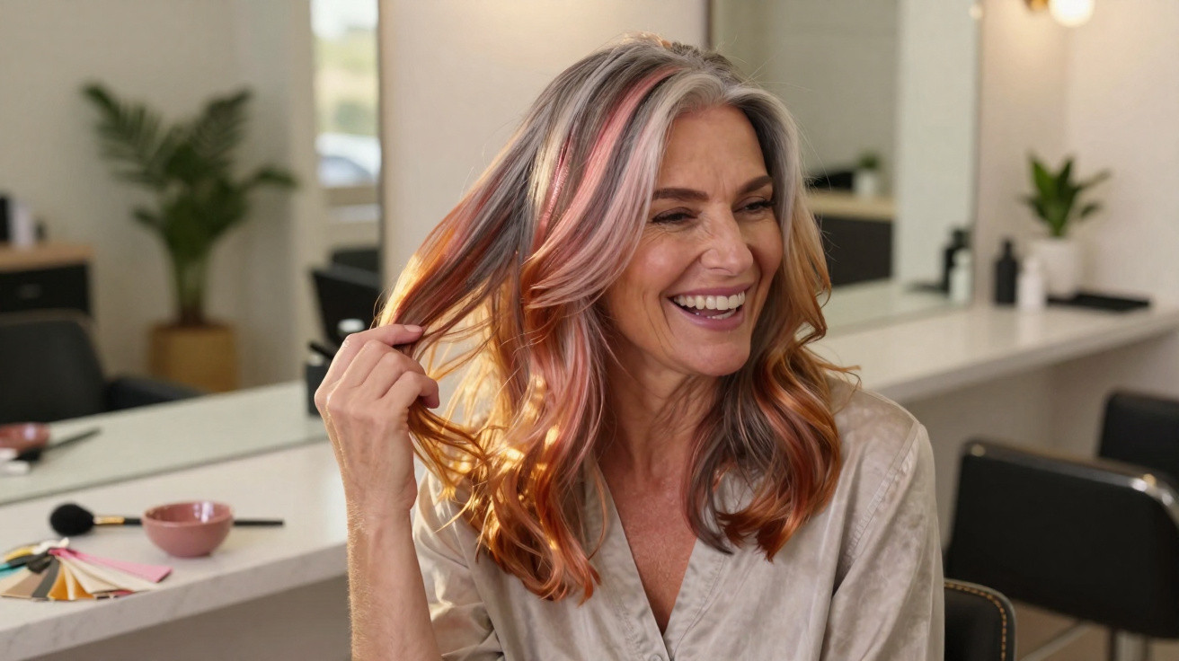 Mulher sorridente num salão de beleza com madeixas cor-de-rosa enquanto penteiam o cabelo.