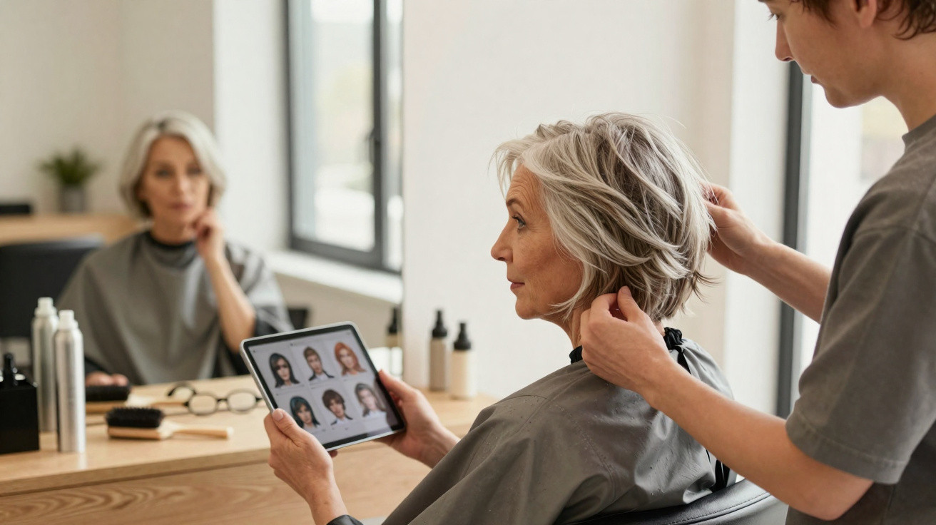 Mulher idosa a experimentar corte de cabelo num salão com estilista e tablet com opções de penteados.
